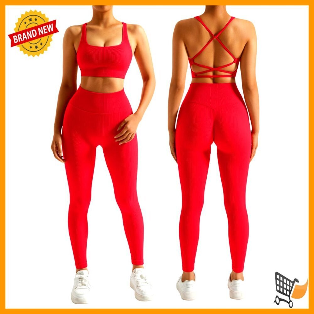 Ribbed Workout Set Strappy Sports Bra Seamless Leggings Yoga Outfits Chic